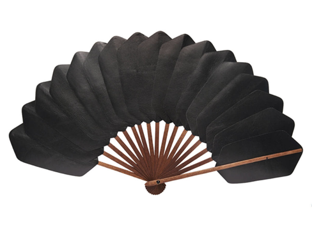 Black Leather Palmette Bokapi Wood hand fan by DUVELLEROY Paris 1827 made in FRANCE
