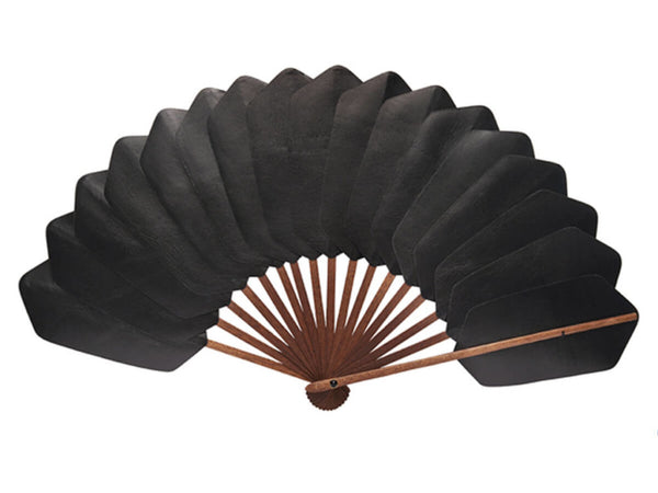 Black Leather Palmette Bokapi Wood hand fan by DUVELLEROY Paris 1827 made in FRANCE