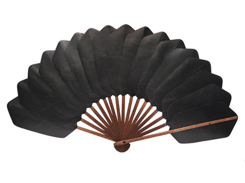 Black Leather Palmette Bokapi Wood hand fan by DUVELLEROY Paris 1827 made in FRANCE