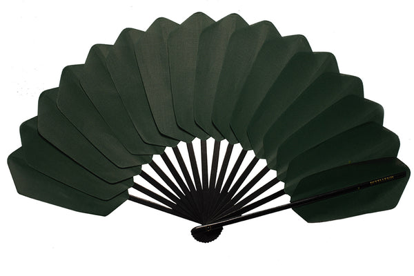 Green Palmette cotton and Bokapi wood hand fan by DUVELLEROY Paris 1827 made in FRANCE
