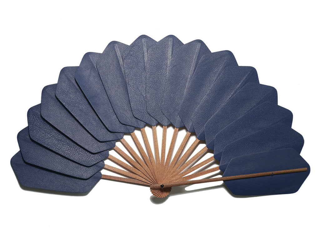 Blue Leather Palmette Bokapi Wood hand fan by DUVELLEROY Paris 1827 made in France