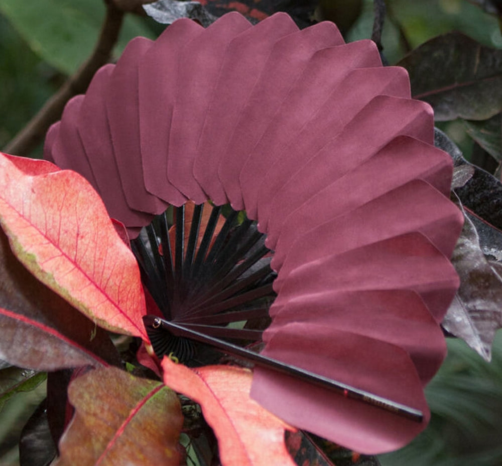 Burgundy Bordeaux Palmette cotton and Bokapi wood hand fan by DUVELLEROY Paris 1827 Made in FRANCE