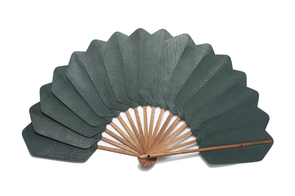 Green Leather Palmette Bokapi Wood hand fan by DUVELLEROY Paris 1827 made in France