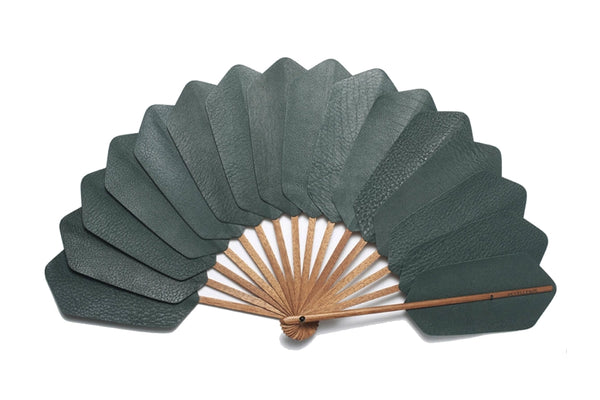 Green Leather Palmette Bokapi Wood hand fan by DUVELLEROY Paris 1827 made in France